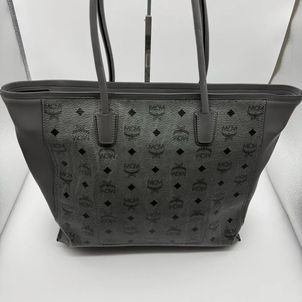 MCM Monogram Visetos Top Zip Shopper Tote Grey - Picture 15 of 16